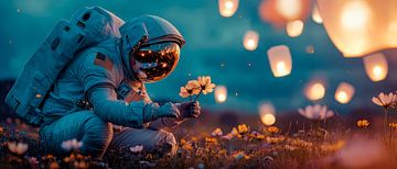 Astronaut oogst bloemen in de ruimte van Poster Art Shop