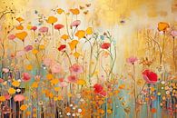 Stilleven, Bloemetjes en vlinders met gouden achtergrond e van Caroline Guerain thumbnail