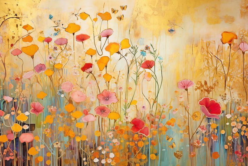 Stilleven, Bloemetjes en vlinders met gouden achtergrond e van Caroline Guerain