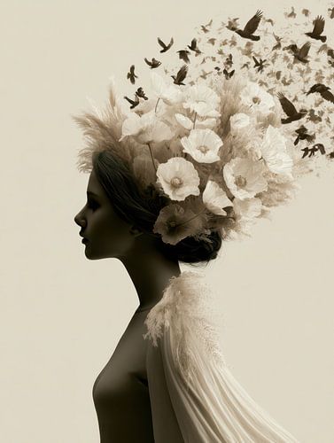 surrealistisch portret vrouw met bloemen in haar