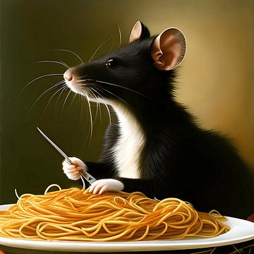Surrealistische rat eet spaghetti