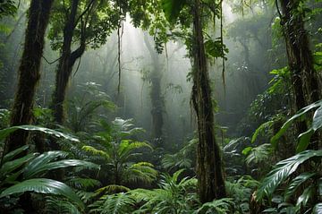 Betoverend tropisch regenwoud in ochtendlicht van De Muurdecoratie