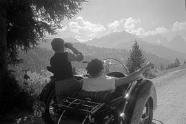 Classic, vintage BMW Motorcycle with sidecar in the Alps 1950s by Timeview Vintage Images