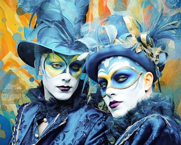 Masked party portrait in blue by Vlindertuin Art