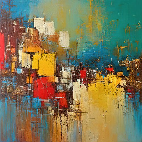 Abstract in geel, rood en blauw