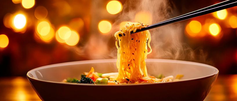Steaming noodles with chopsticks - a moment of pleasure by Poster Art Shop