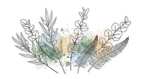 Botanische lijntekening met aquarel spatten - Natuur Illustratie