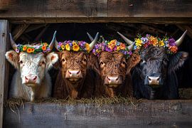 Bovins Highland avec couronnes de fleurs dans l'étable sur MArt