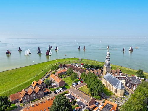 Aerial view of a skutsjessilen competition on the IJsselmeer near Hindeloopen in Friesland Netherlands