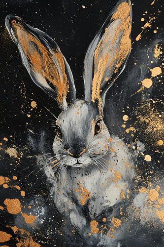 Zwart-wit konijn met goudspatten