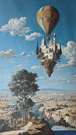 Surrealer Vintage-Kunstdruck „Schwebende Stadt über den Wolken“ von Aden Pink Studio