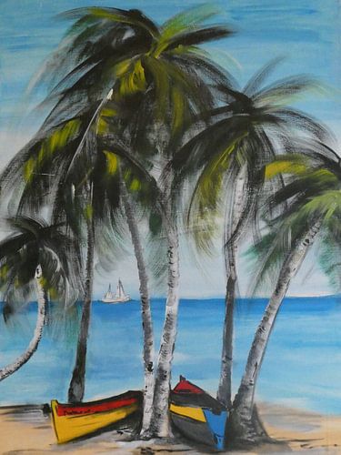 Strand mit 6 Palmen und 2 Booten.