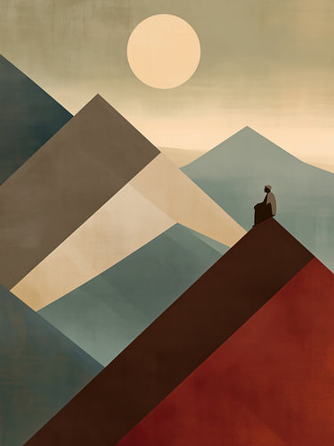 Minimalistisch berglandschap met contemplatieve figuur