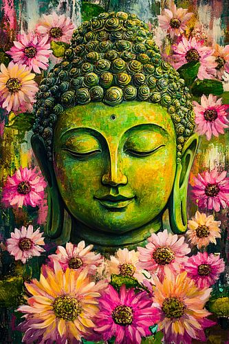 Kleurrijk Boeddha schilderij met bloemen