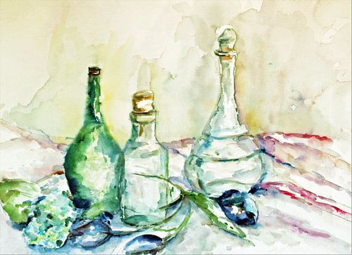 Tulipes noires avec bouteilles en verre. Aquarelle peinte à la main.