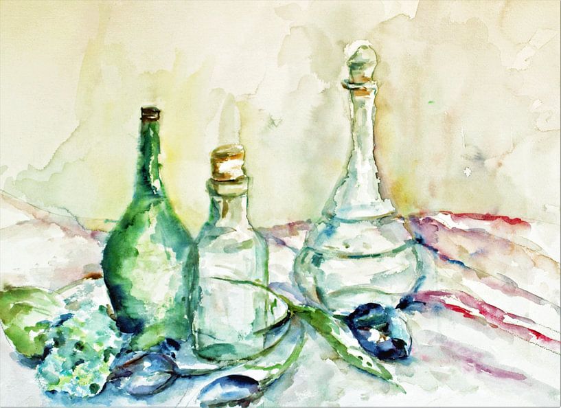 Schwarze Tulpen mit Glasflaschen. Aquarell handgemalt. von Ineke de Rijk