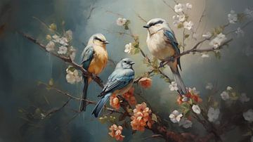 Vogels op een tak lichte kleuren panorama