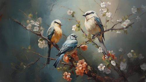 Vogels op een tak lichte kleuren panorama