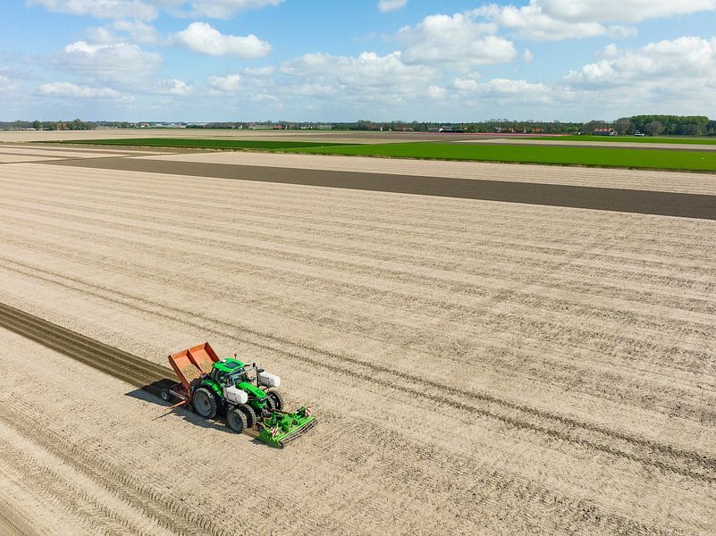 Tractor planting potato seeldings in  the soil during springtime by Sjoerd van der Wal Photography