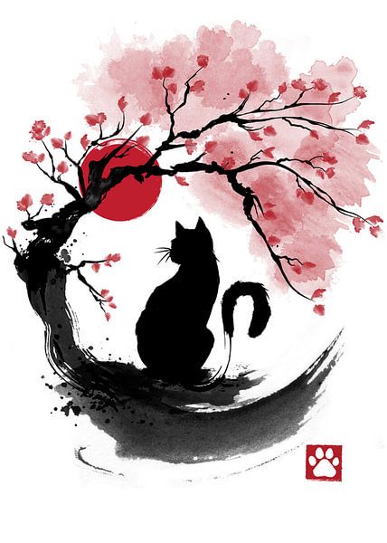 Sakura Cat sumi-e by Classic artwork