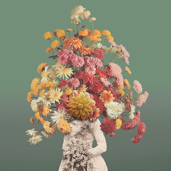 Self-portrait with flowers 1 (green-grey background) by toon joosen