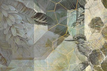 IJsvogel natuur collage in beige tinten van Vlindertuin-Art