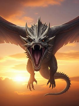 Dragon gris volant sur fond de coucher de soleil orange sur Markus Gann