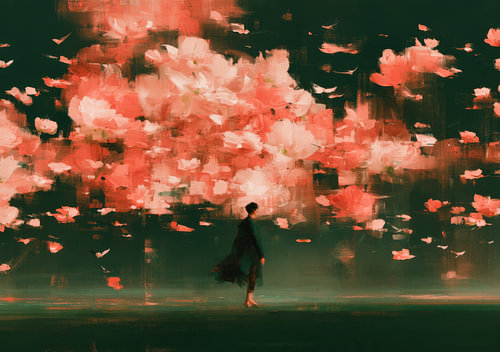 Amidst a whirlwind of cherry blossoms – A solitary figure in a sombre setting