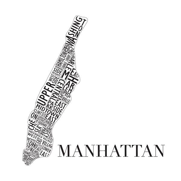 Carte de Manhattan en mots par Muurbabbels Typographic Design