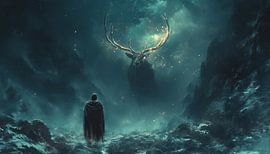 Cerf mystique dans la mer de lumière des étoiles polaires sur artefacti