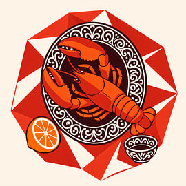Lobster on a decorated platter, viewed from above by Studio Pronk.