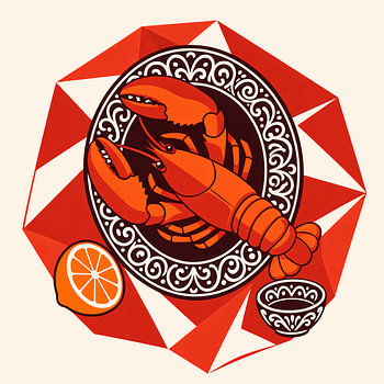 Lobster on a decorated platter, viewed from above