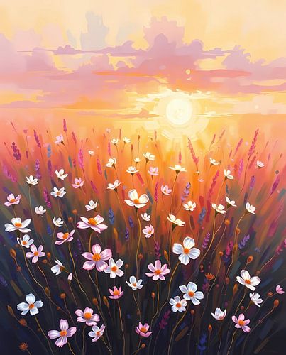 Golden Hour Meadow: een sereen bloemenlandschap