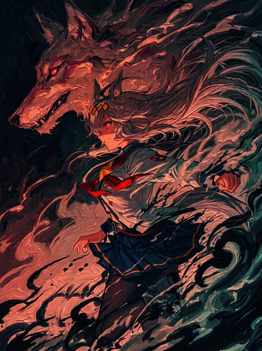 Anime-Mädchen mit einem geisterhaften Wolfsgeist