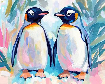 Two penguins with colourful background