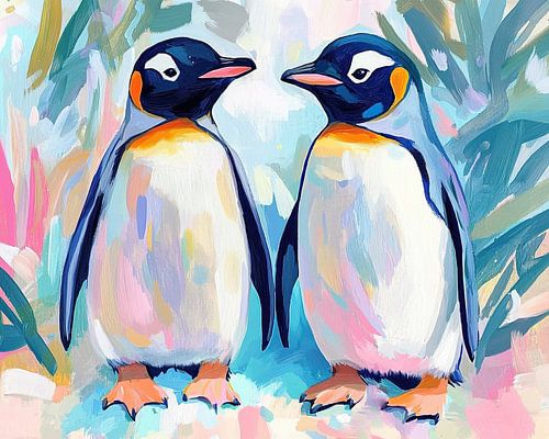 Two penguins with colourful background by Eye catching paintings