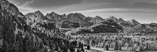 Bergpanorama van de Allgäuer Alpen in Beieren. Zwart-wit beelden