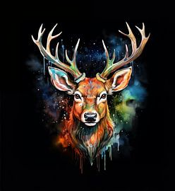 watercolour painting of the head of a red deer by Margriet Hulsker