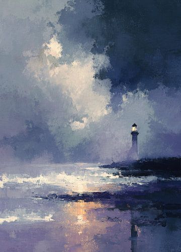 Vuurtoren in de storm - Abstract olieverfschilderij