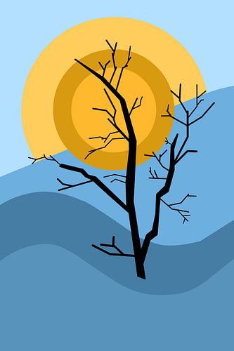 Minimalist Tree Silhouette Sunset - Blue Mountain Landscape Art