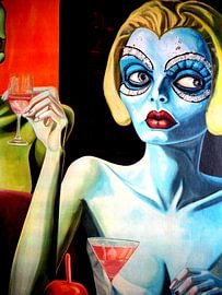 Portrait woman alone cocktail bar surrealism