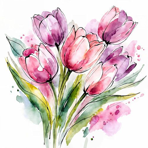 Bos roze tulpen in frisse aquarel stijl (AI) (lente, Pasen, fris, vrolijk, modern, mooi, boeket)