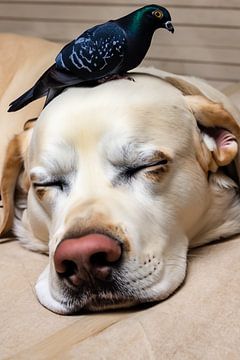 Slapende hond met duif van Cor Schouten
