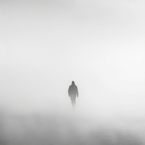 Eenzame wandeling in de mist - Mystieke zwart-wit fotografie