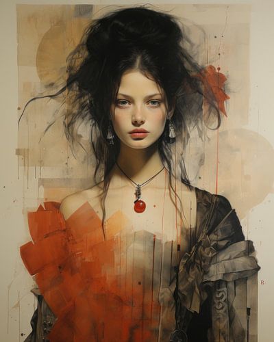 Mixed media portrait in earth tones and red