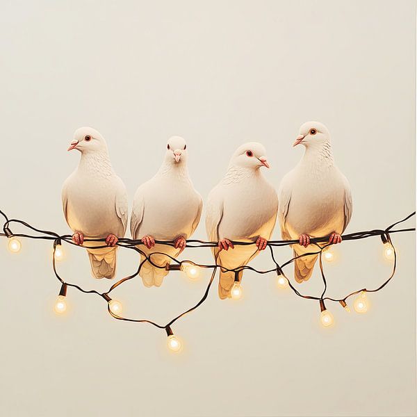 Four white doves on a cord with warm mood lighting by Vlindertuin-Art
