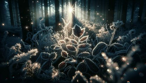 Awakening of the forest in a frosty morning light