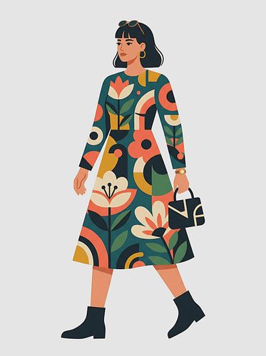 Minimalistische, stijlvolle illustratie van een bloemenjurk voor vrouwen