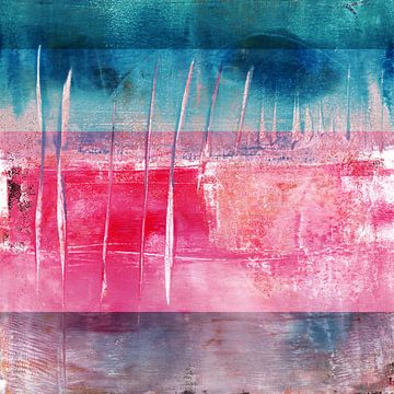 Modern abstract zeegezicht in blauw, roze en terra.