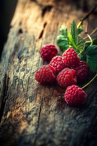 Fresh raspberries on a wooden background by Poster Art Shop